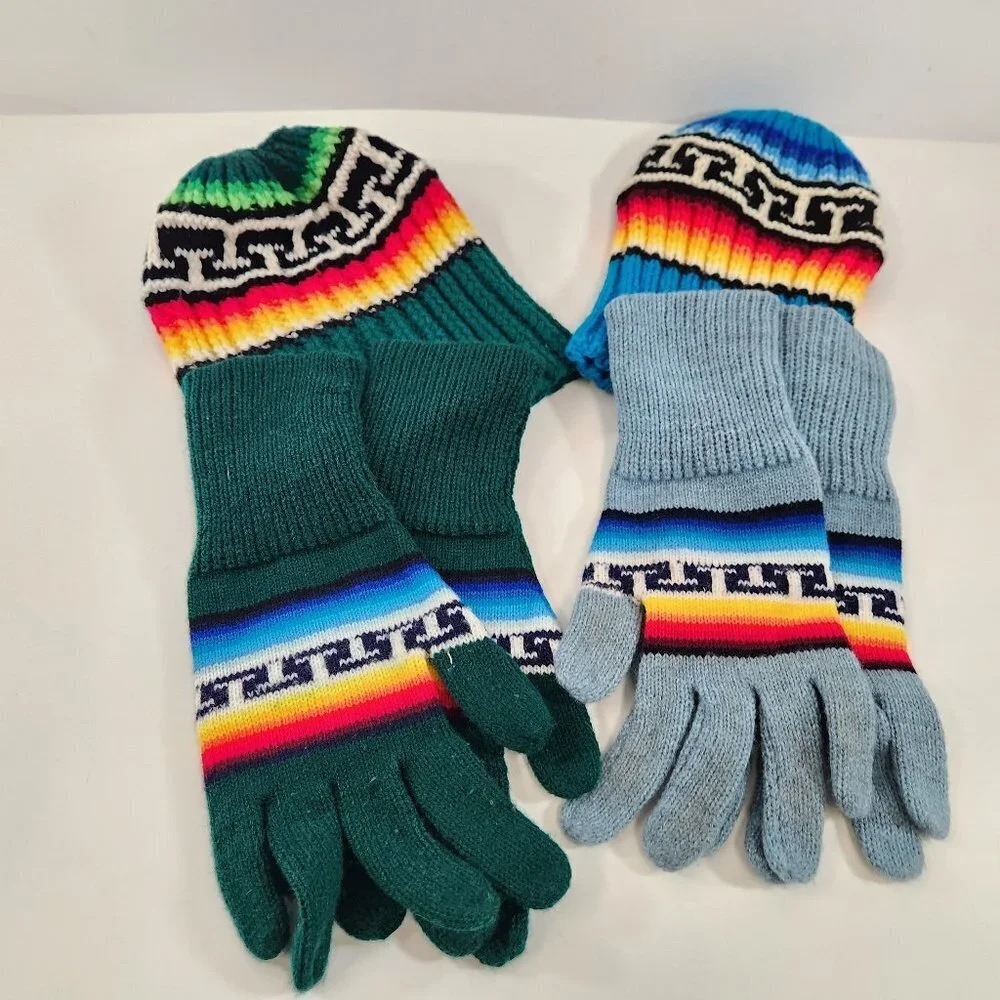 Geometric Beanie & Gloves Sets Hand Knit Matching OS